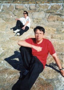 2001 Vince Williams and his sister Vikki Williams on a beach, a holiday on Jersey
